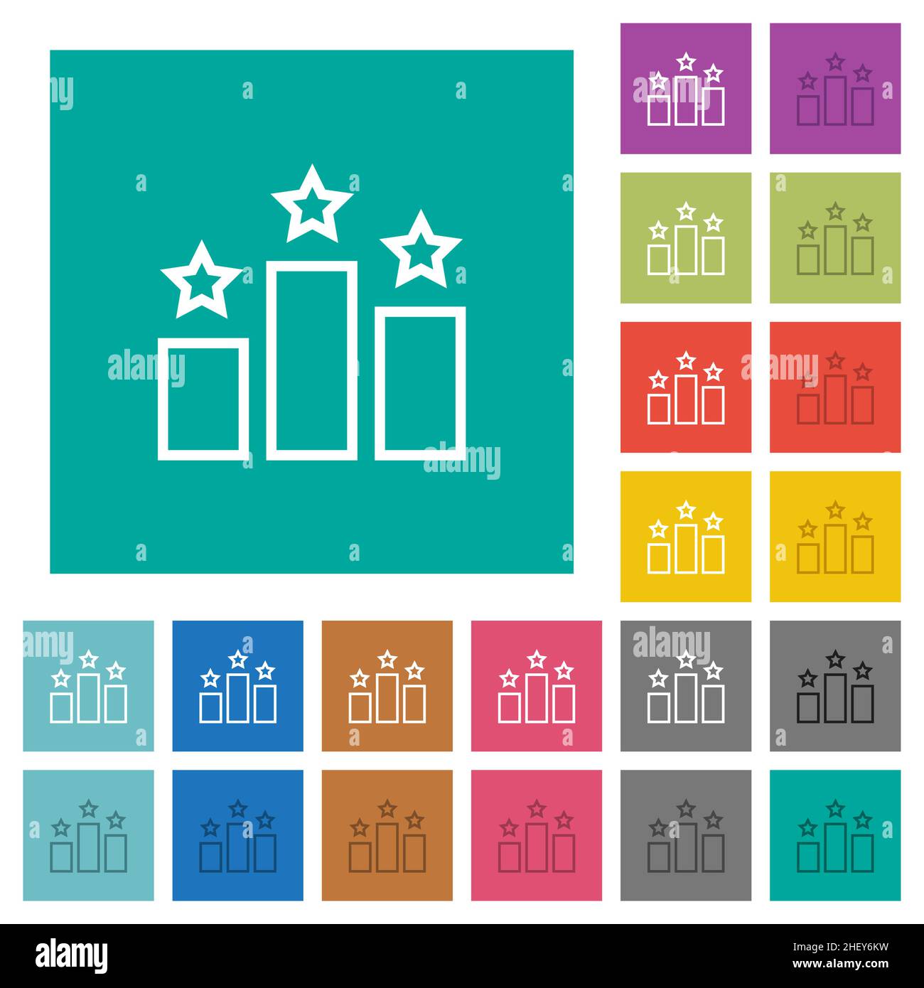 Gliederung mehrfarbiger flacher Symbole auf einfachem quadratischem Hintergrund. Weiße und dunklere Symbolvarianten für schwebe- oder aktive Effekte. Stock Vektor