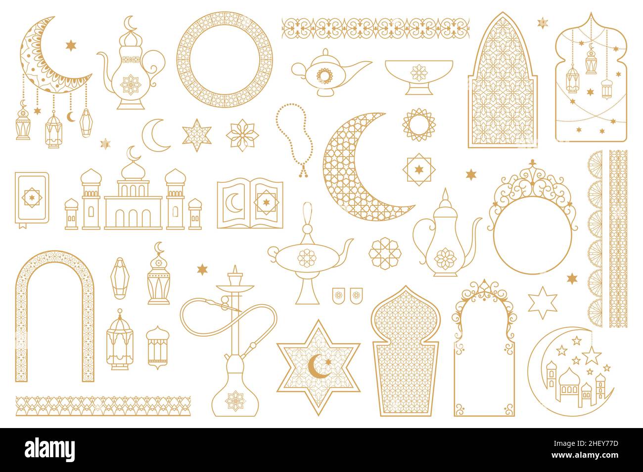 Arabisch orientalisch muslimisch golden floralen Umrisssymbole. Laternen, Mond, Shisha, Moschee, arabische dekorative Rahmen Vektor-Illustration-Set. Islamisch Stock Vektor