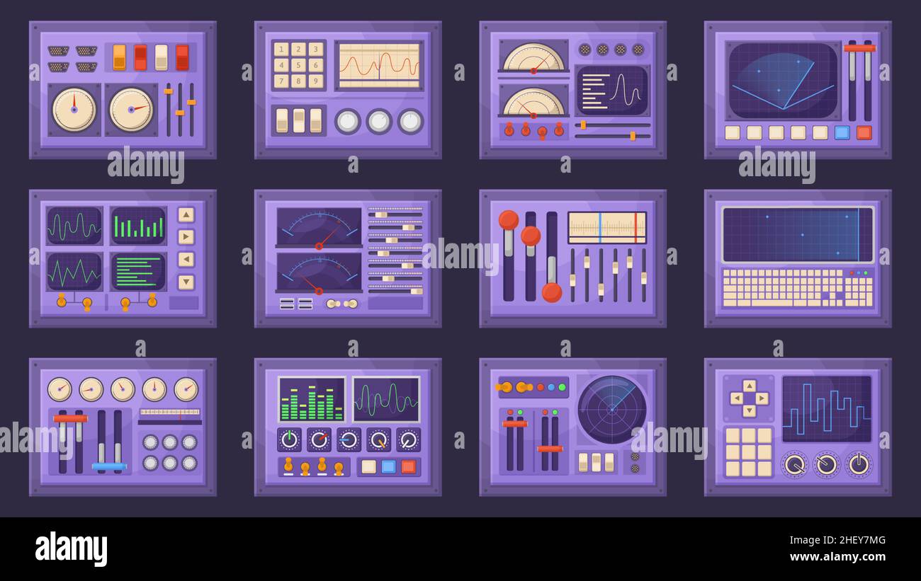 Retro-Bedienfelder, Raumschiff-Armaturenbrett mit Zifferblättern, Tunern und Hebeln. Alte Computer-Interface-Elemente isoliert Vektor-Illustrationssatz. Steuerung pa Stock Vektor