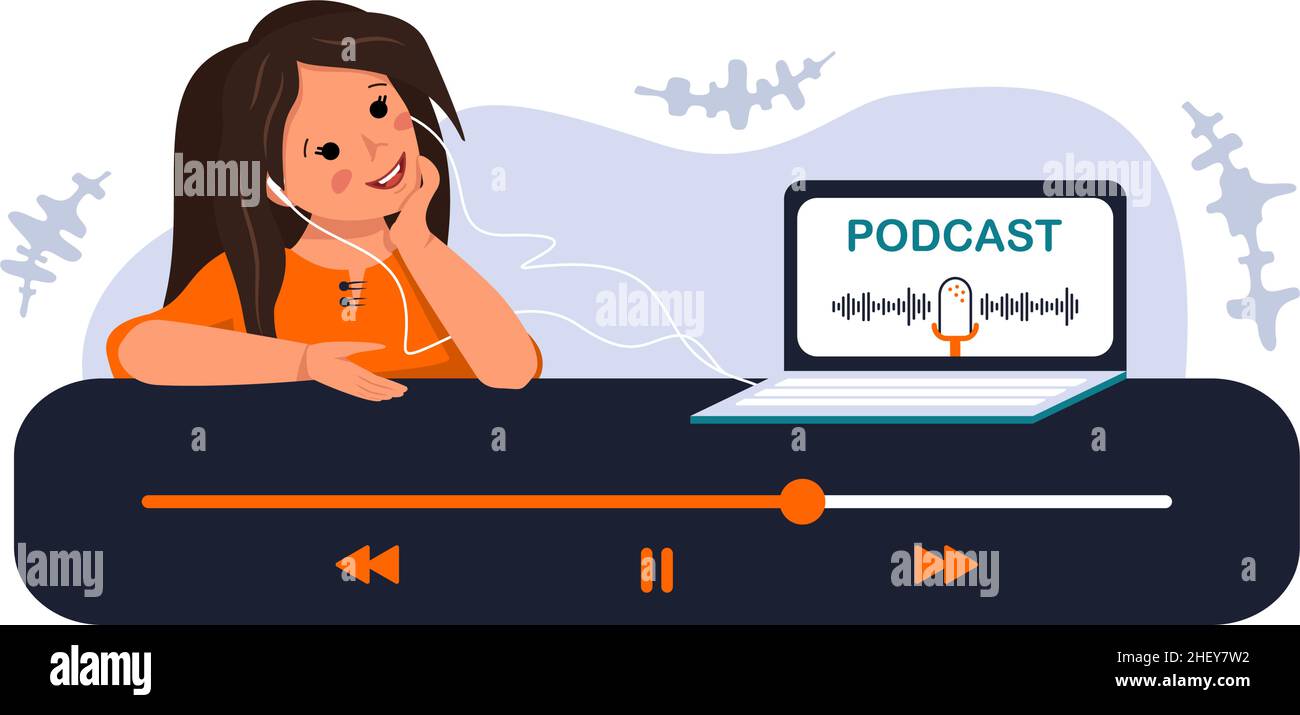 Mädchen mit glücklichen Gesicht hören Podcast oder Musik. Soundtrack-Aufnahme auf dem Computer. Kinder mit Kopfhörern lernen durch Hören von Audio. Moderne Systembildung für Kinder im Internet. Vektorgrafik Stock Vektor
