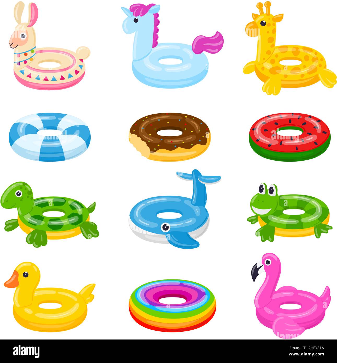 Cartoon Schwimmringe, Pool-Spiele Gummi-Spielzeug, bunte Rettungsschwimmer. Schwimmen Kreise, nette Pool Wassermelone, Donut und Ente Spielzeug Vektor Illustration Set Stock Vektor