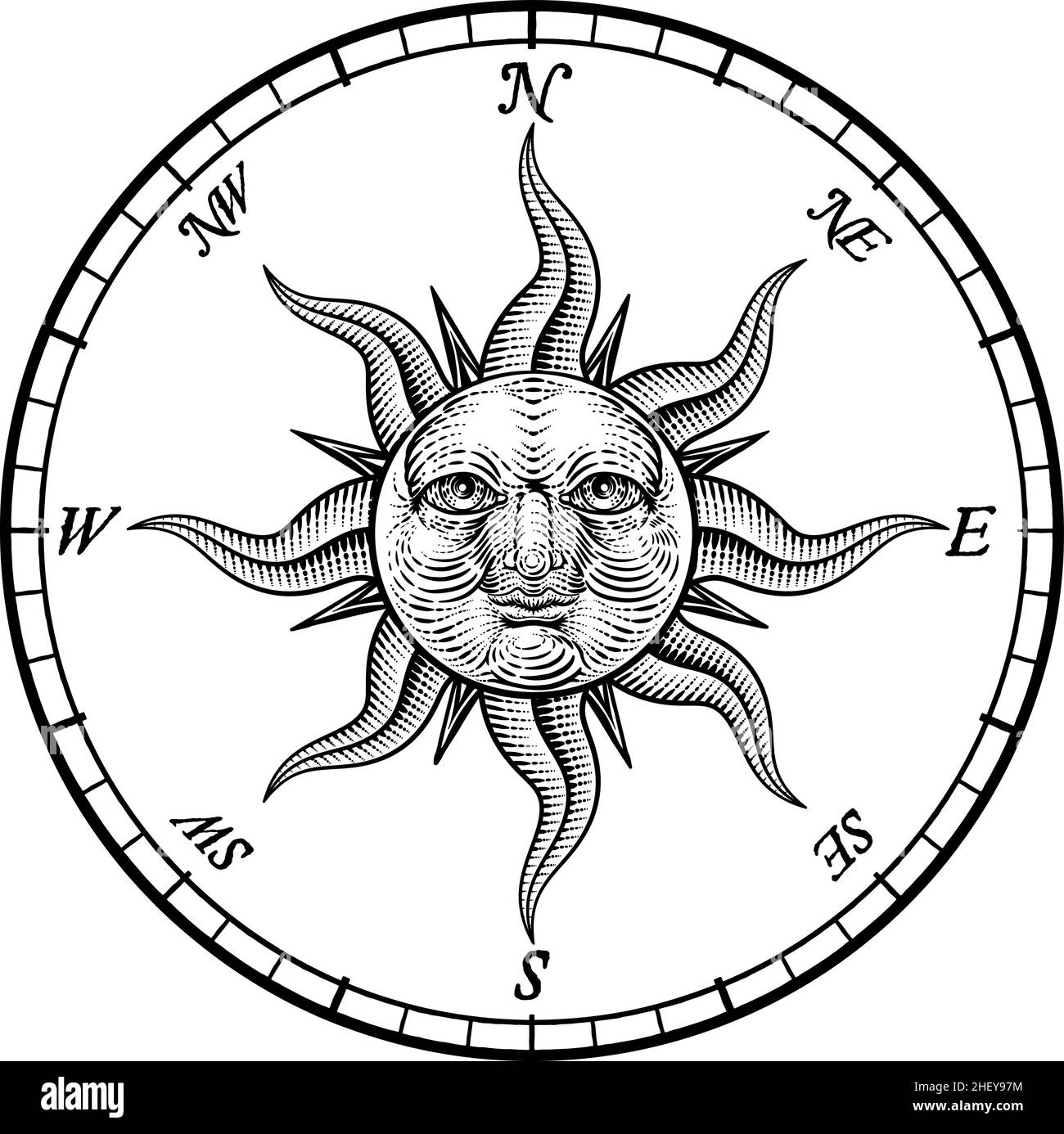 Kompass Sonne Gesicht Ätzrose Holzschnitt Zeichnung Stock Vektor