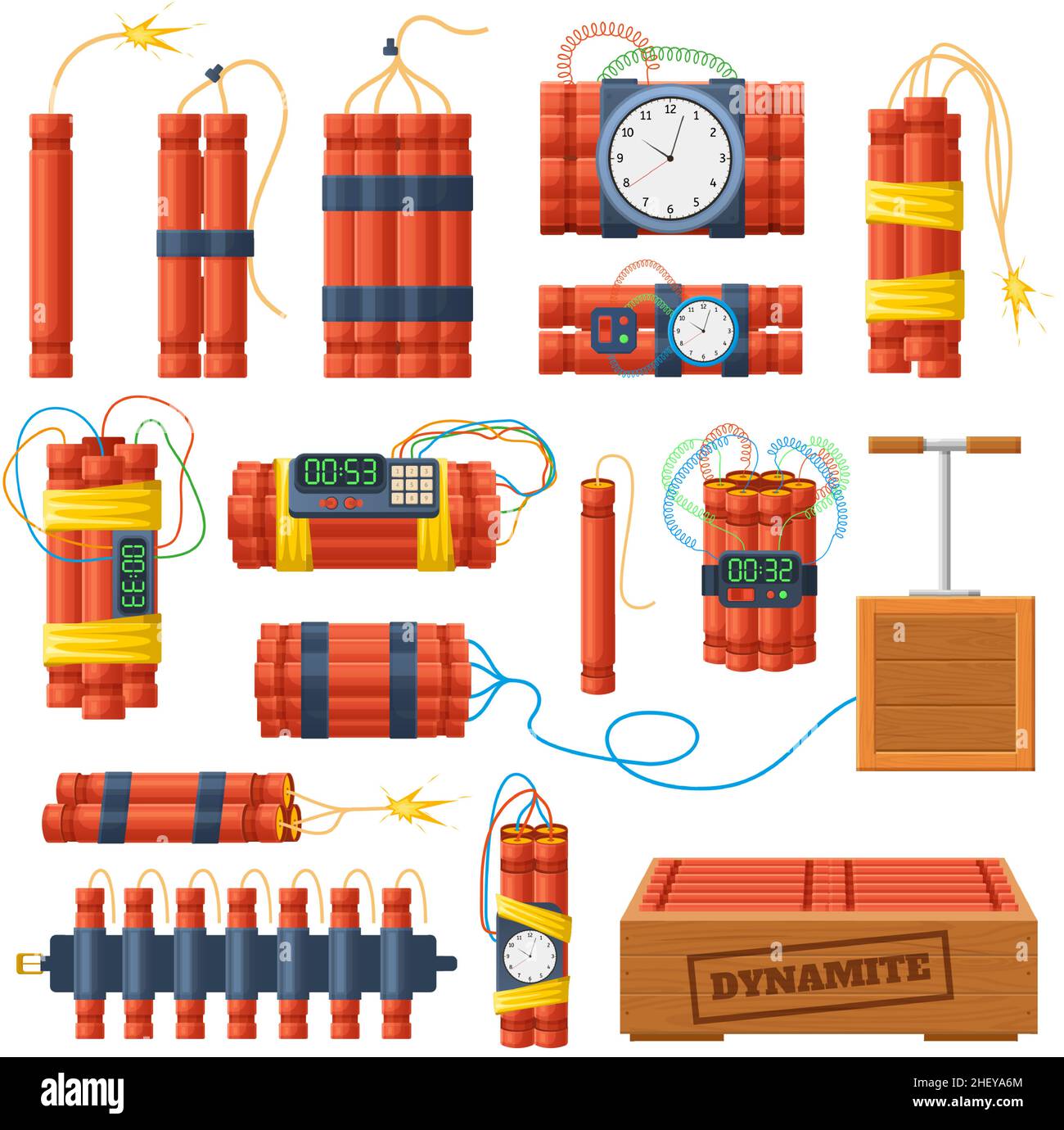 Dynamit-Sticks, explosive Bomben mit Zeituhr-Detonator. Explosive gefährliche Bomben und Dynamit Checkers Vektor Illustration Set. Pyrotechnik Stock Vektor