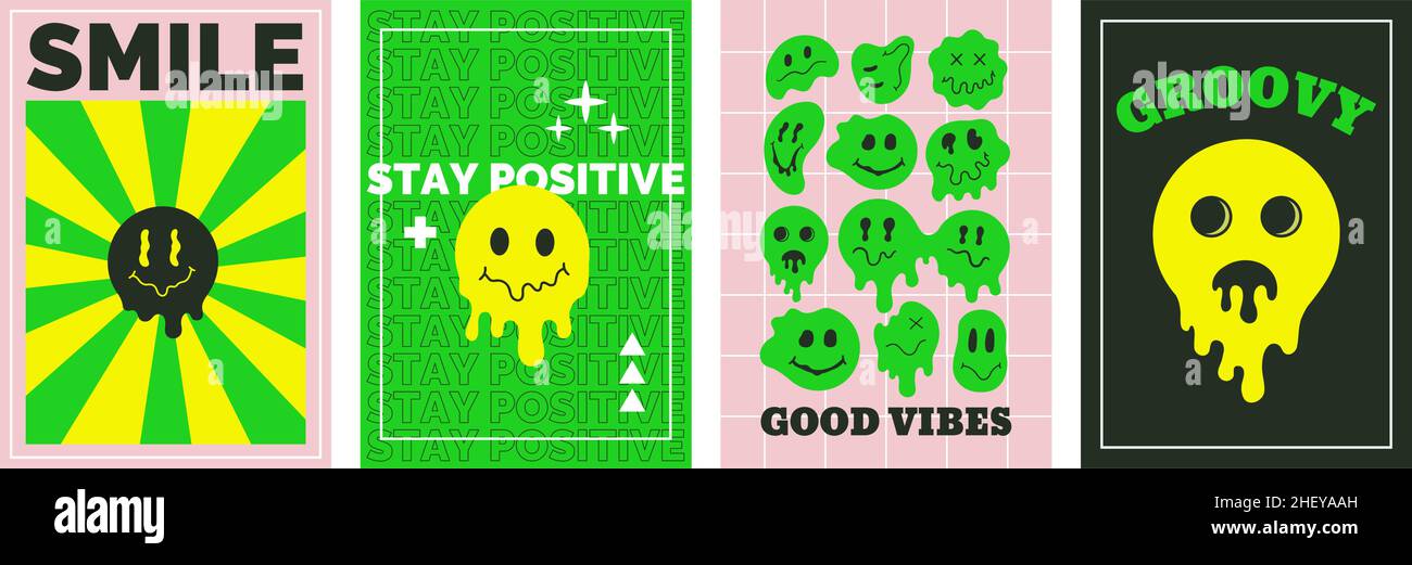 Psychedelisch schmelzende lächelnde Gesichter, 70s groovige psychedelisch-plakate. Retro Comic groovy lächelnde Charaktere Vektor Poster Set. Lächelnde Gesichter schmelzen Stock Vektor