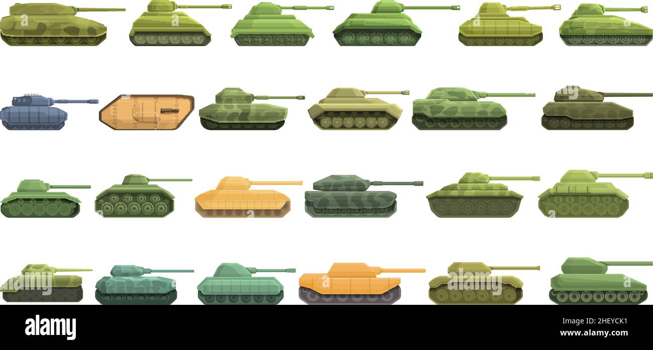 Kampfpanzer-Symbole setzen Cartoon-Vektor. Krieg bewaffnet. Kämpfe gegen das Militär Stock Vektor