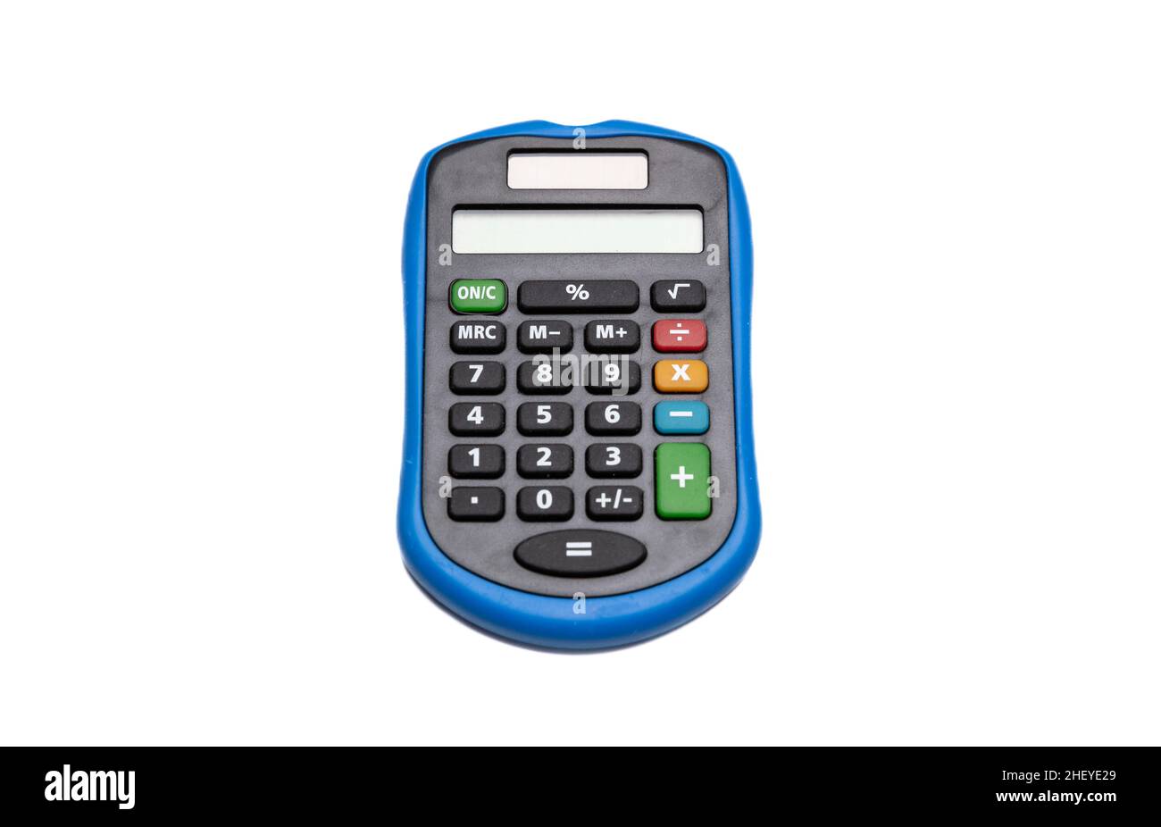 Taschenrechner blau mit leerem Display isolierter Ausschnitt auf weißem Hintergrund. Konto, Steuern berechnen Stockfoto
