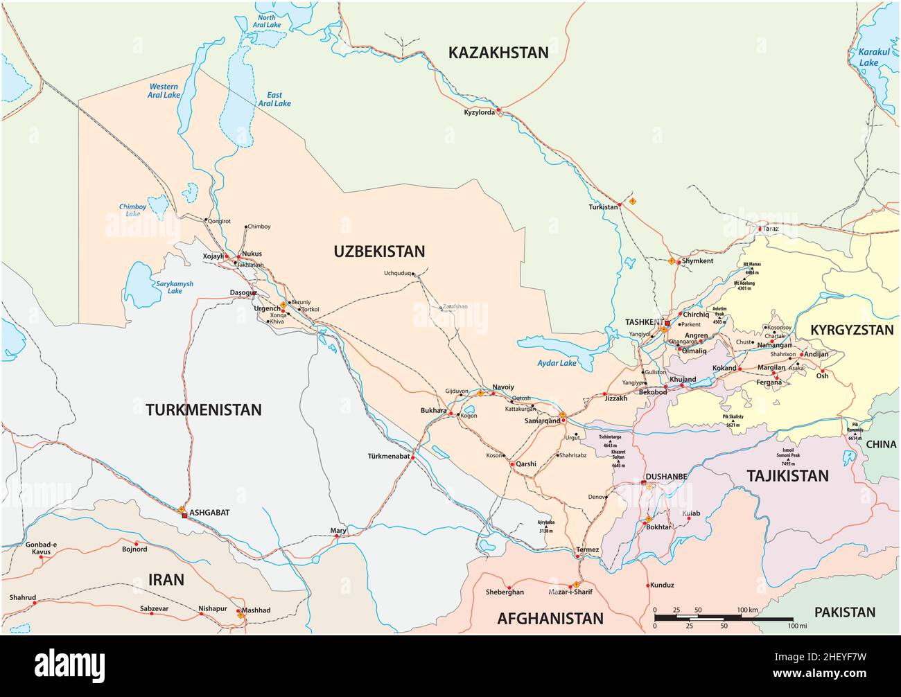 Straßen- und Eisenbahnkarte des asiatischen Staates Usbekistan Stock Vektor