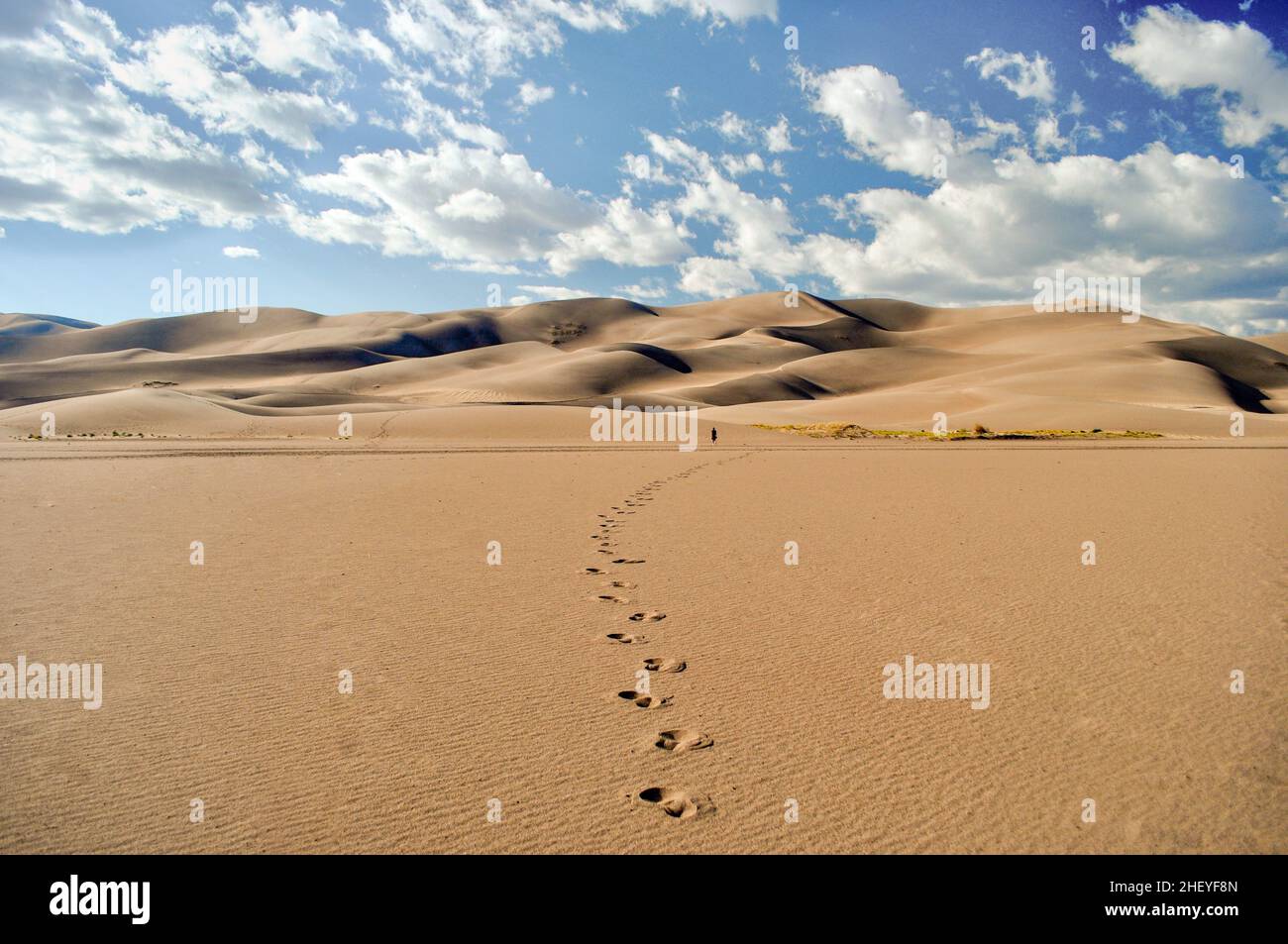 Die kleine Figur eines Mannes geht in der Ferne durch eine Wüste in Richtung hoch aufragender Sanddünen und hinterlässt eine Spur von unterschiedlichen Fußabdrücken - Great Sand Stockfoto