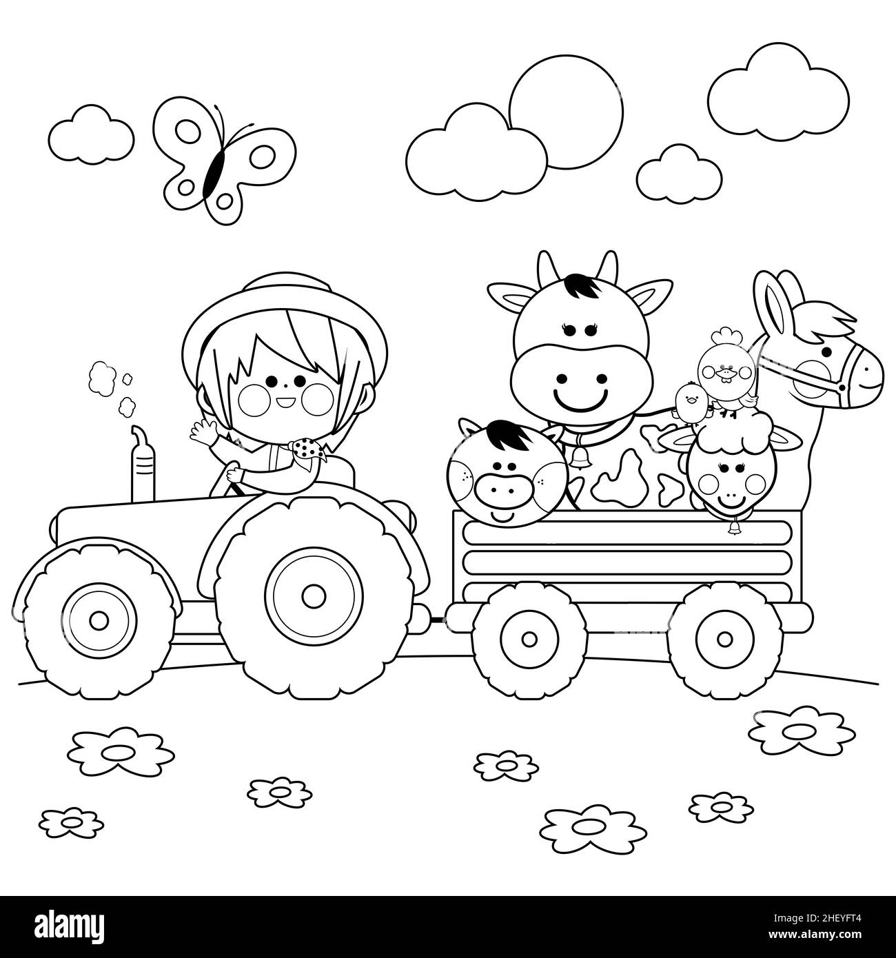 Kleiner Bauernjunge auf dem Bauernhof, der einen Traktor fährt und Tiere trägt. Schwarz-Weiß-Malseite. Stockfoto