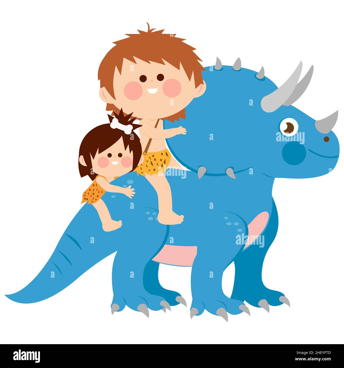 Zwei Höhlenkinder, ein Junge und ein Mädchen auf einem Triceratops-Dinosaurier. Stockfoto