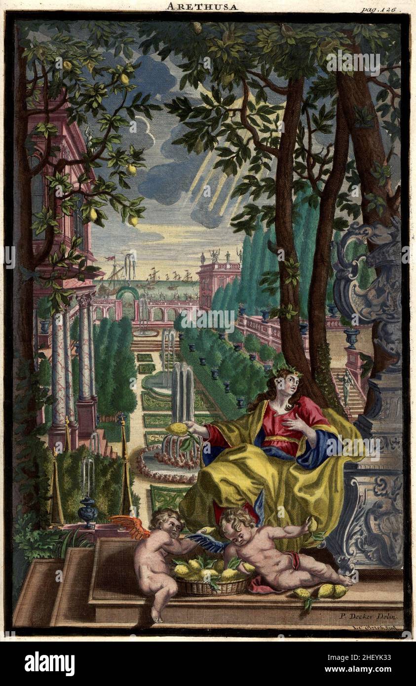 Arethusa, Gartengestaltung, Nürnbergische Hesperides von Johann Christoph Volkamer, 1710 / Garden, Illustration from Nürnbergische Hesperides Garden, 1710, Historisch, historisch, digital verbesserte Reproduktion eines Originals aus dem 18th. Jahrhundert / digital restaurierte Reproduktion einer Originalvorlage aus dem 18. Jahrhundert, das Originaldatum ist nicht bekannt Stockfoto