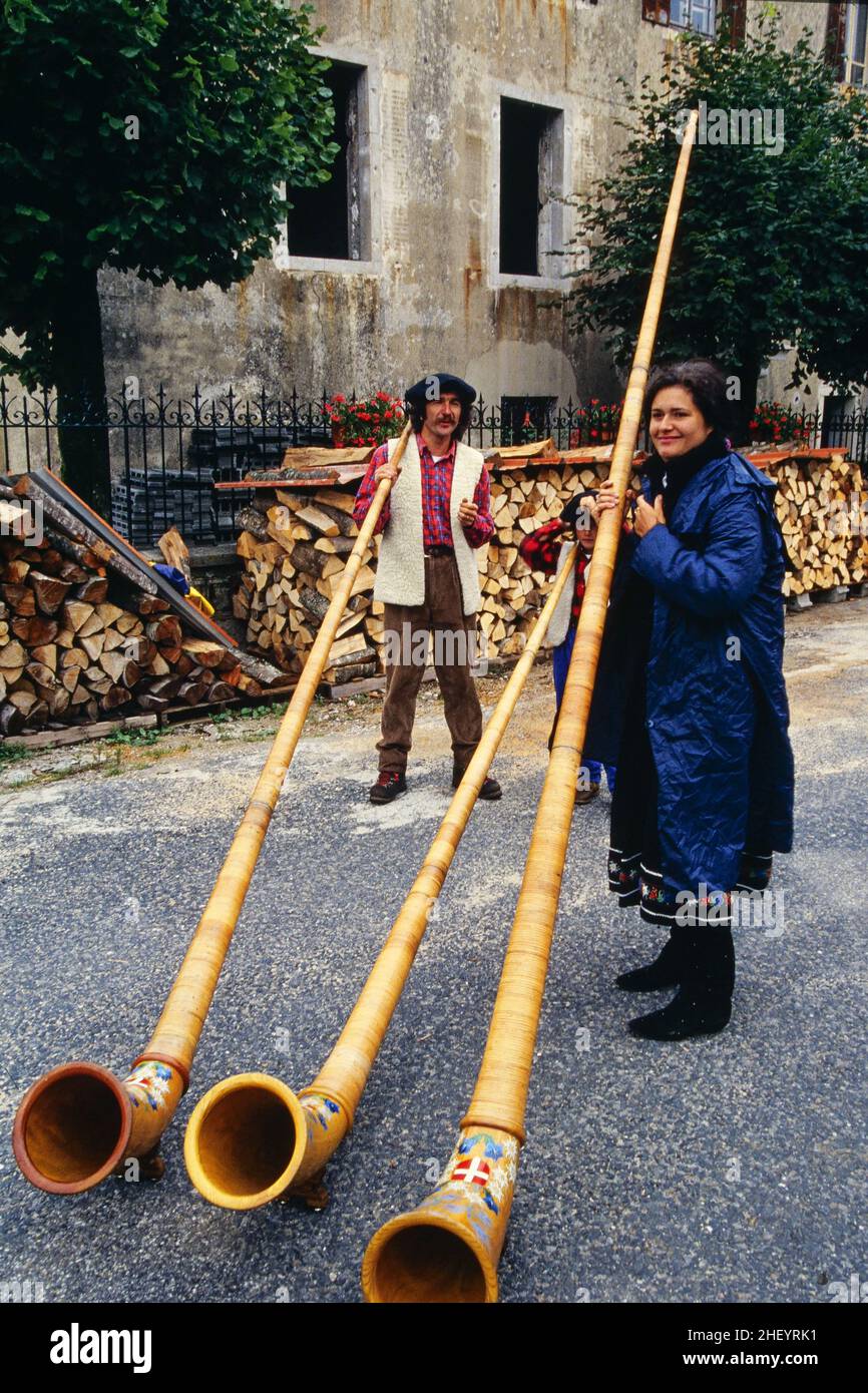Archiv 90ies: Bis Repetita Outdoor musics Festival, Alp-Horn-Spieler, Jura, Frankreich, 1993 Stockfoto