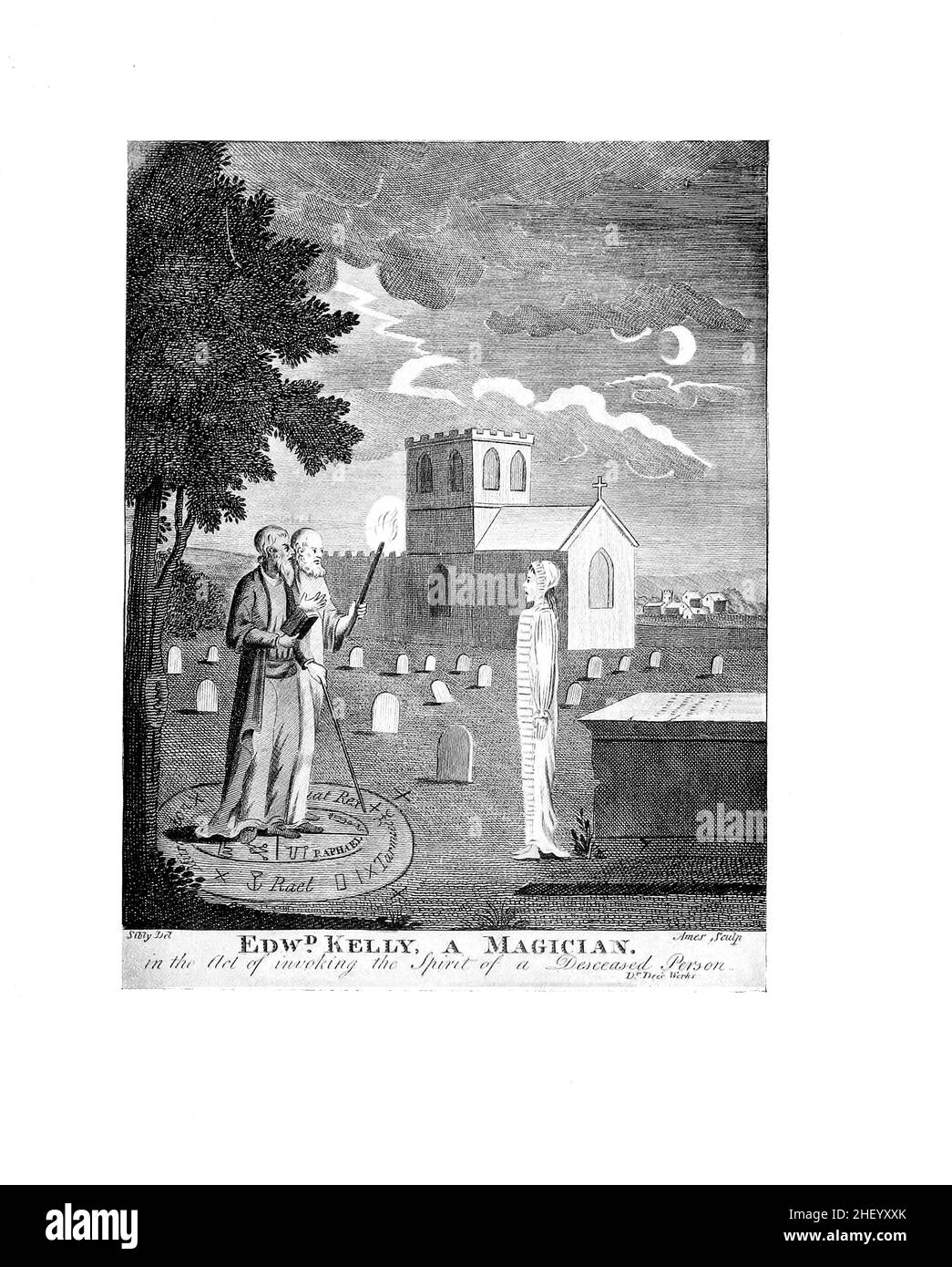 Edward Kelly ein Magier [Sir Edward Kelley oder Kelly, auch bekannt als Edward Talbot (1. August 1555 – 1597/8), war ein englischer Okkultist der Renaissance und selbst erklärtes Geistmedium. Er ist vor allem dafür bekannt, mit John Dee bei seinen magischen Untersuchungen zusammenzuarbeiten. Neben der bekannten Fähigkeit, Geister oder Engel in einem 'Schaustein' oder Spiegel zu beschwören, die John Dee so schätzte, behauptete Kelley auch, das Geheimnis der Umwandlung von unedlen Metallen in Gold zu besitzen, das Ziel der Alchemie, sowie den vermeintlichen Stein des Philosophen selbst]. Aus einer Enzyklopädie des Okkultismus : Ein Kompendium von Informationen über den okkulten Science-Science-Science-Bereich Stockfoto