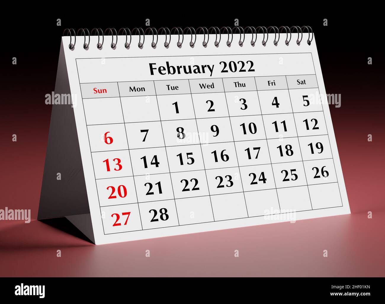 Eine Seite des monatlichen Jahreskalenders. Datum - Monat Februar 2022. 3D Rendern Stockfoto