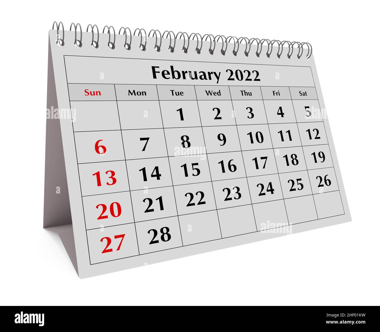 Eine Seite des monatlichen Jahreskalenders. Datum - Monat Februar 2022. 3D Rendern Stockfoto