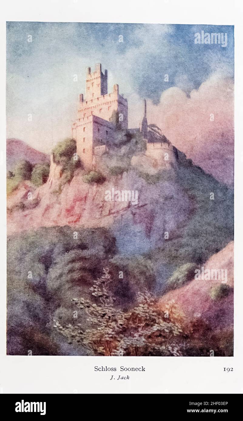 Schloss Sooneck von J. Jack. Aus dem blinden Bogenschütze im Buch ' Heldengeschichten & Legenden des Rheins ' von Lewis Spence, veröffentlicht London : G.G. Harrap 1915 Stockfoto