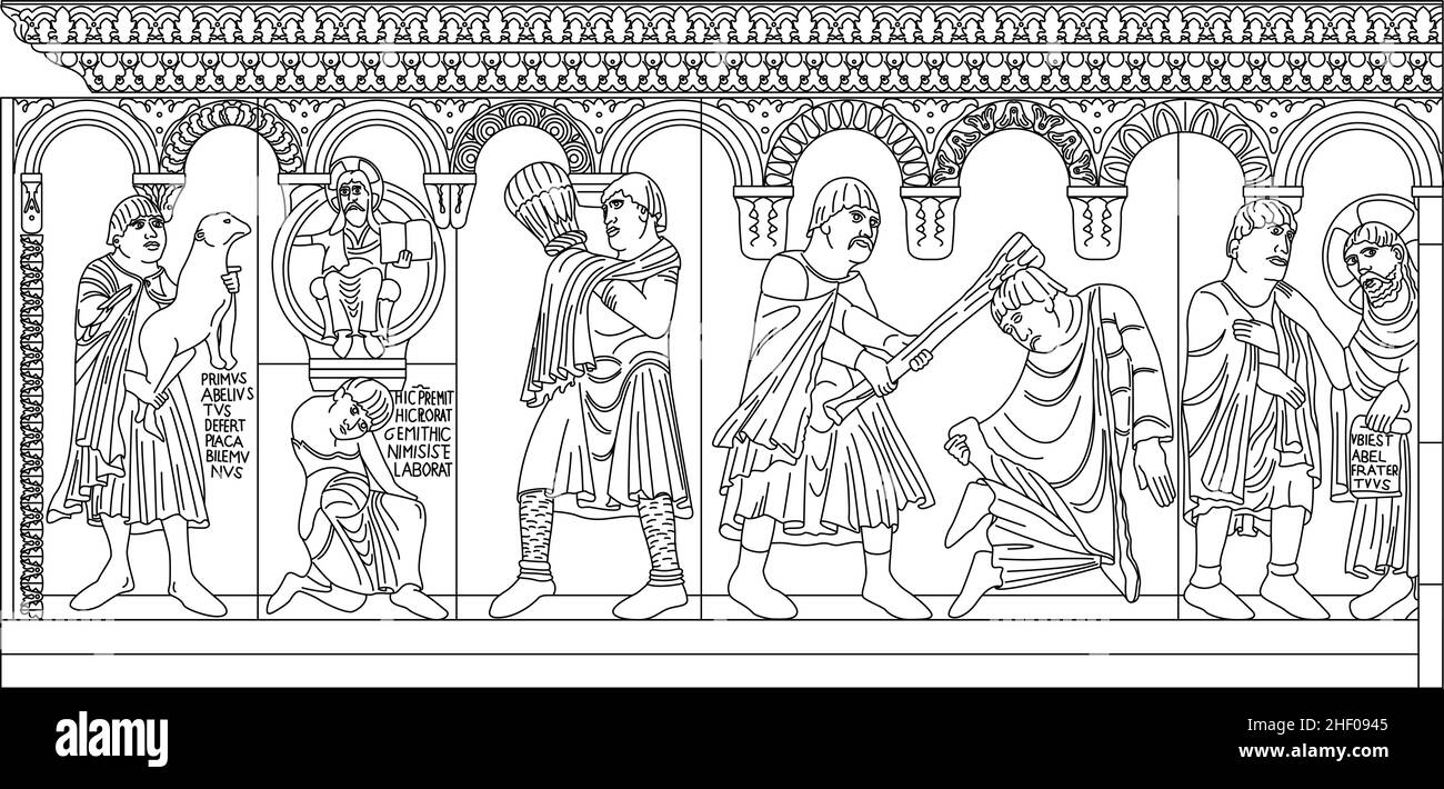 Romanisches Flachrelief der Kathedrale von Modena, Italien, Zyklus der Entstehung, skizzieren Vektor-Illustration auf weißem Hintergrund, UNESCO-Weltkulturerbe Stock Vektor