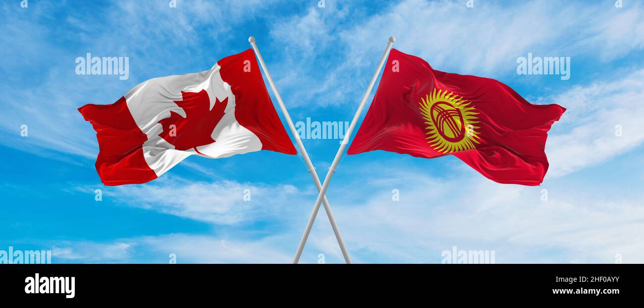 Gekreuzte Nationalflaggen von Kanada und Kirgisistan, die im Wind bei bewölktem Himmel winken. Symbolisiert Beziehung, Dialog, Reisen zwischen zwei Gräfin Stockfoto