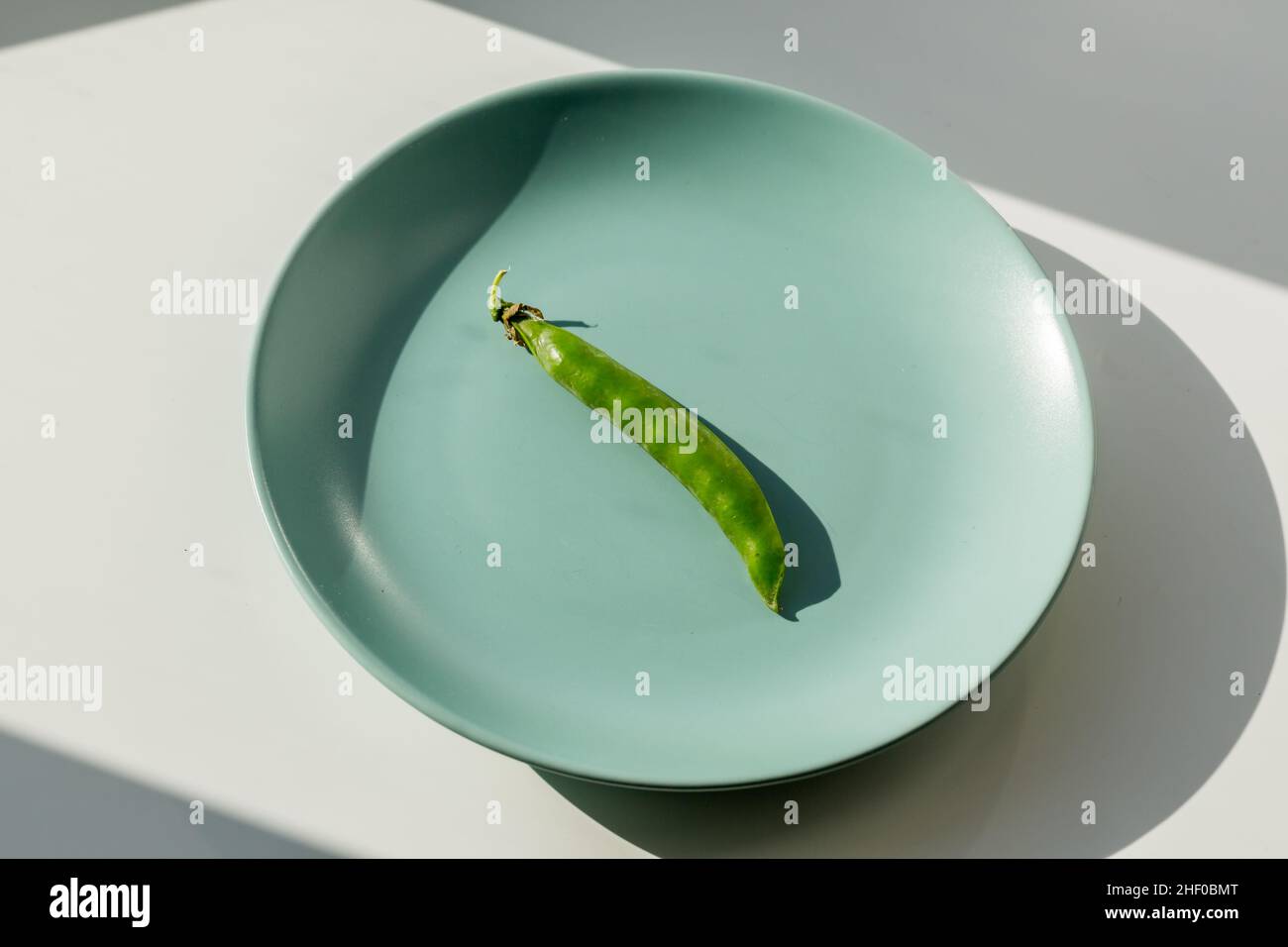 Eine grüne Erbse auf dem grünen Teller. Gesundes Lifestyle-Konzept. Stockfoto