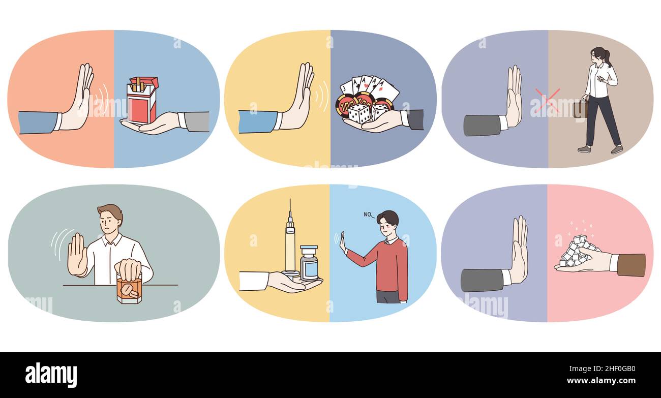Eine Gruppe von Menschen zeigen keine Handbewegung verweigern sich der schlechten Angewohnheit. Sammlung von Menschen lehnen negative Lebensentscheidungen oder Optionen. Glücksspiel, Junk-Food und Alkoholabhängigkeit Problem. Vektorgrafik. Stock Vektor