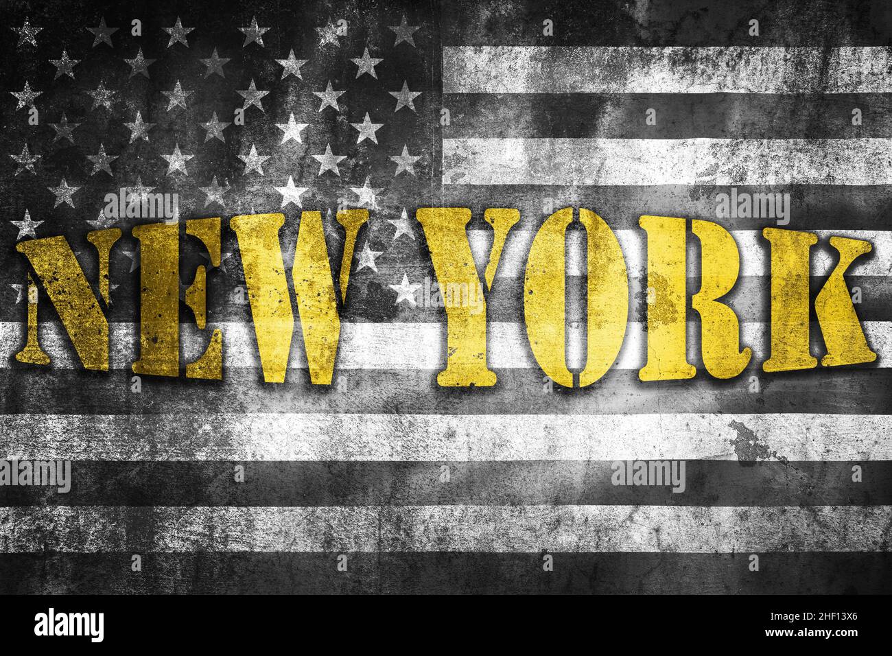 New York USA Bannerdarstellung auf grunge schwarz-weißer US-Flagge, Reiseziel in United starrt Amerika Stockfoto