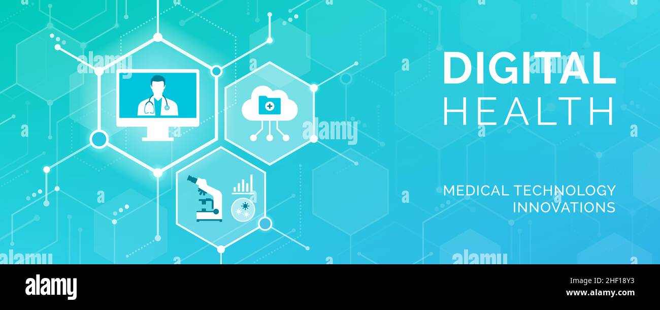 Digitale Gesundheit, innovatives Gesundheitswesen und Technologie: Medizinische Symbole verbinden sich miteinander Stock Vektor