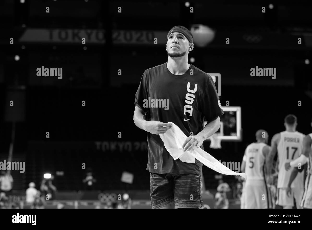 25th. JULI 2021 - SAITAMA, JAPAN: Devin Booker aus den Vereinigten Staaten sieht enttäuscht aus, dass das Team USA in seiner Vorrunde 76:83 an Frankreich verliert Stockfoto