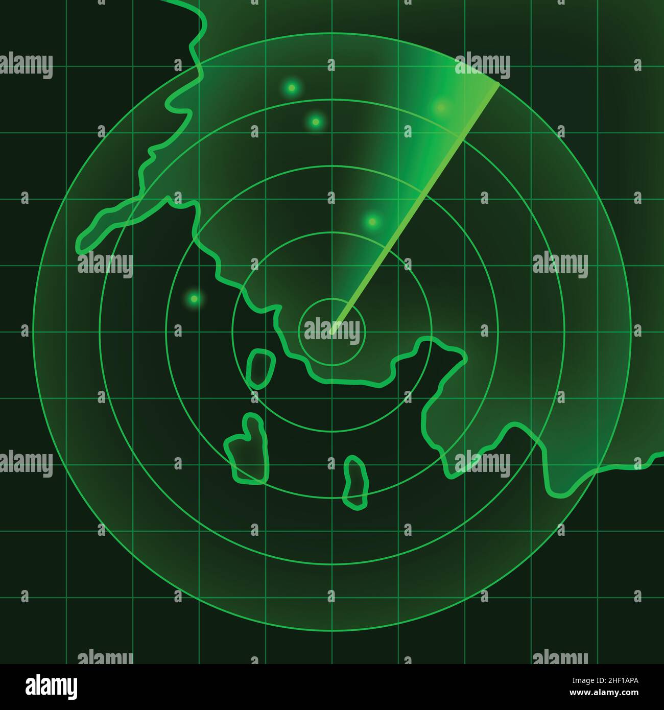 Einfache grüne Anzeige des Radarbildschirms auf schwarzem Hintergrund mit Blips-Vektordarstellung Stock Vektor
