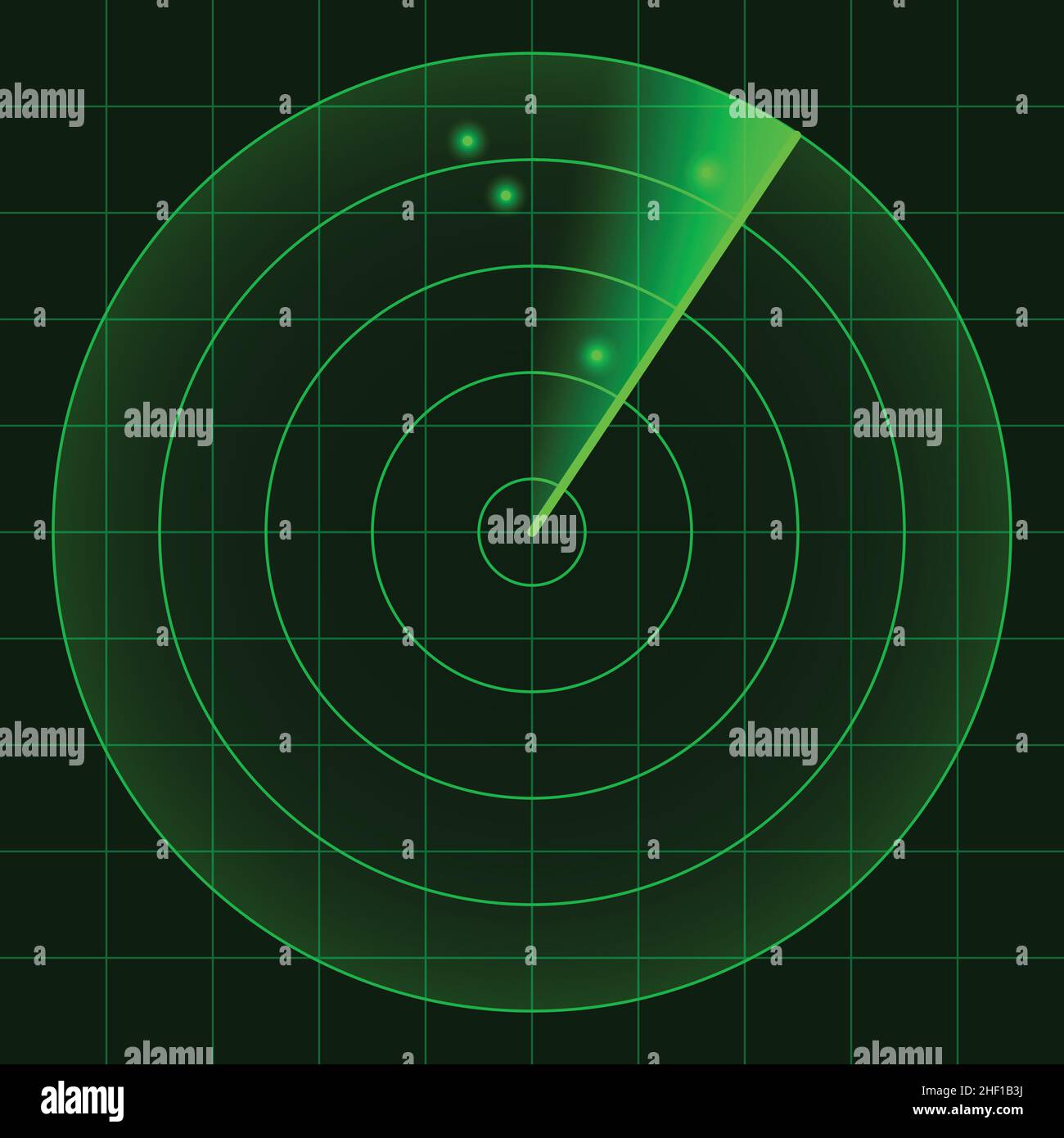 Einfache grüne Anzeige des Radarbildschirms auf schwarzem Hintergrund mit Blips-Vektordarstellung Stock Vektor