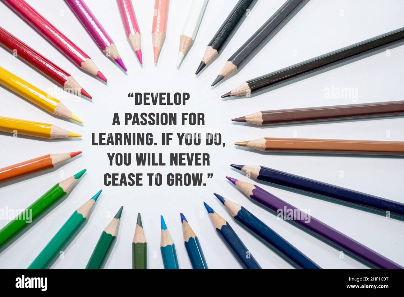 Entwickeln Sie eine Leidenschaft für das Lernen. Wenn Sie das tun, werden Sie nie aufhören zu wachsen. Motivationszitat auf weißem Hintergrund mit Farbstift Stockfoto