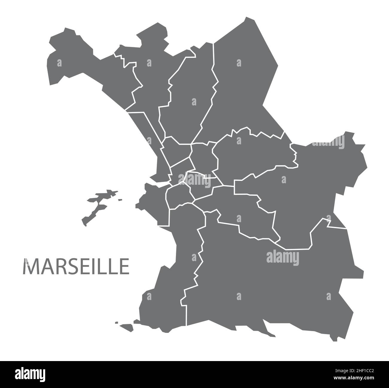 Marseille Stadtplan mit Bezirken grau Illustration Silhouette Form Stock Vektor