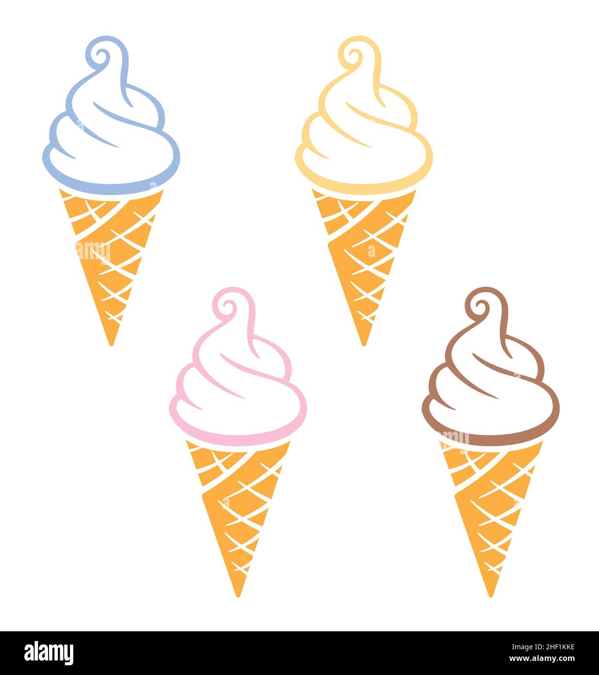 Einfach Spaß Cartoon weich servieren Vanille Schokolade Karamell Erdbeere rosa weiß Eis in Waffel Kegel Symbol Emblem Logo auf weißem Hintergrund isoliert gesetzt Stock Vektor