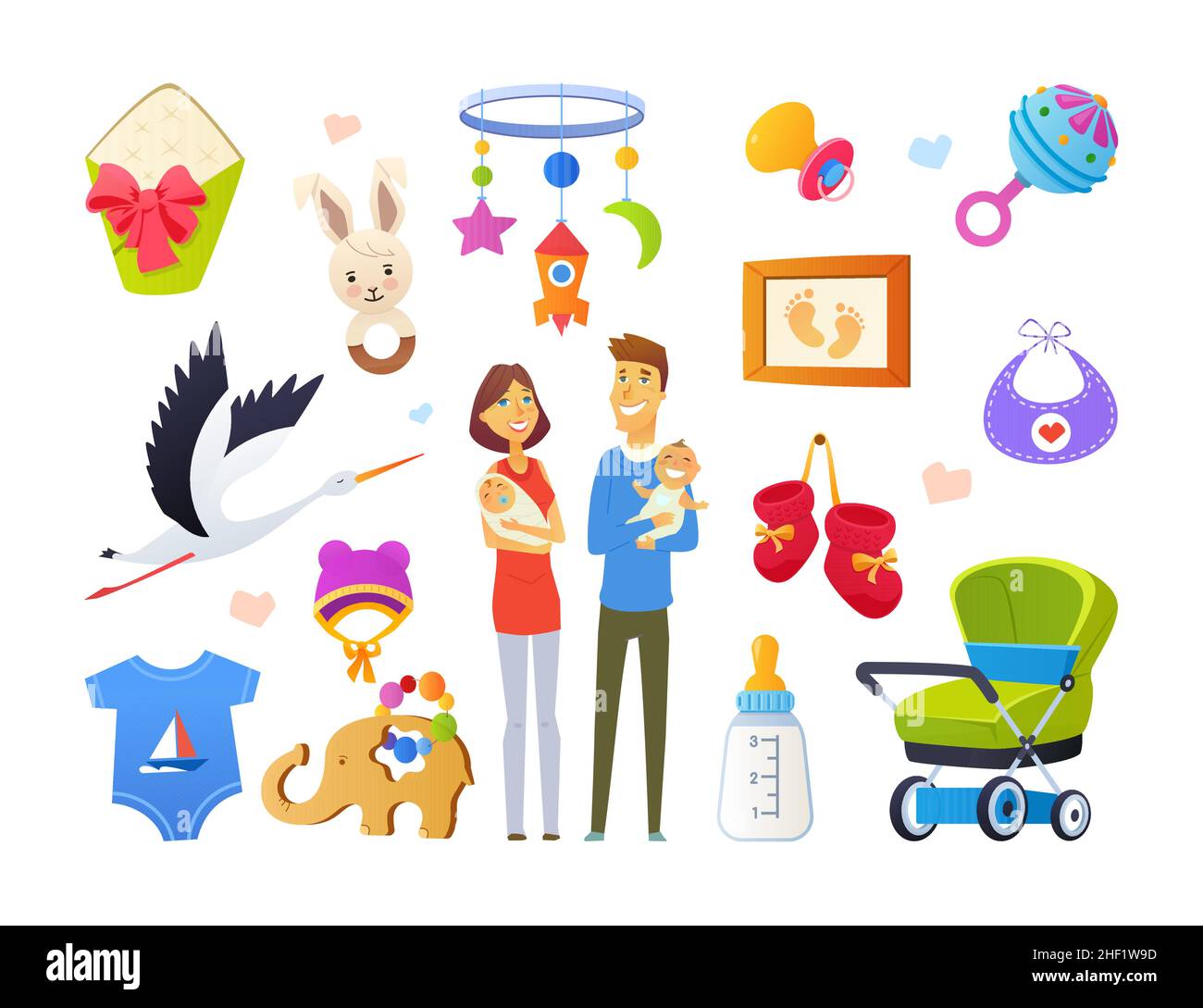 Happy Parenting - bunte flache Design-Stil Objekte Set. Ordentlich detaillierte Bild von Mama, Papa ihre Neugeborenen, Kinderwagen, Storch, Rassel, Booties, Lätzchen, Baby Stock Vektor