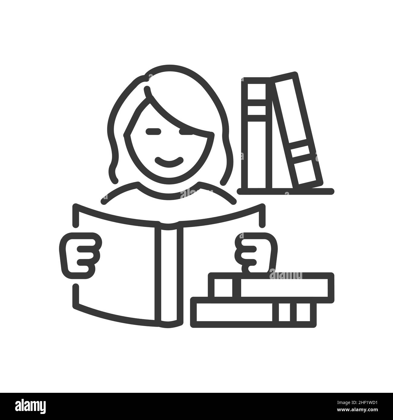 Bücher lesen - Vektor-Liniendesign einzelnes isoliertes Symbol auf weißem Hintergrund. Hochwertiges schwarzes Piktogramm. Glückliches Mädchen, das studiert, neben ihr gibt es Stock Vektor