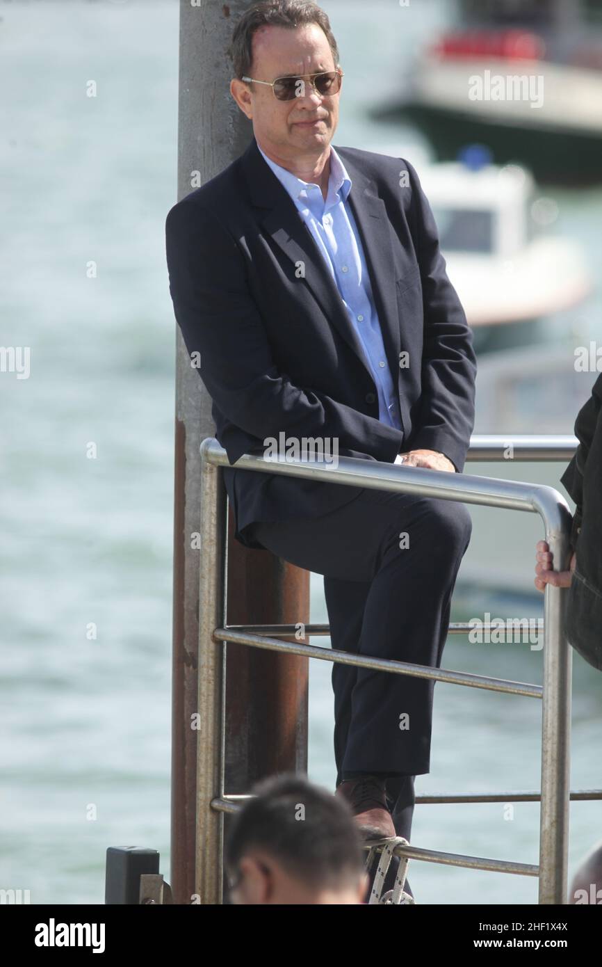 Tom Hanks während der Dreharbeiten zu 'Inferno' von Ron Howard in Venedig, Italien, 28. april 2015 Stockfoto