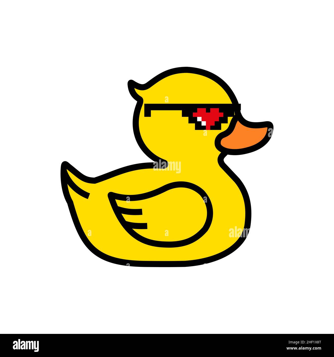 Gelbe Ente aus Gummi in Pixel-Sonnenbrille mit Herz Stock Vektor