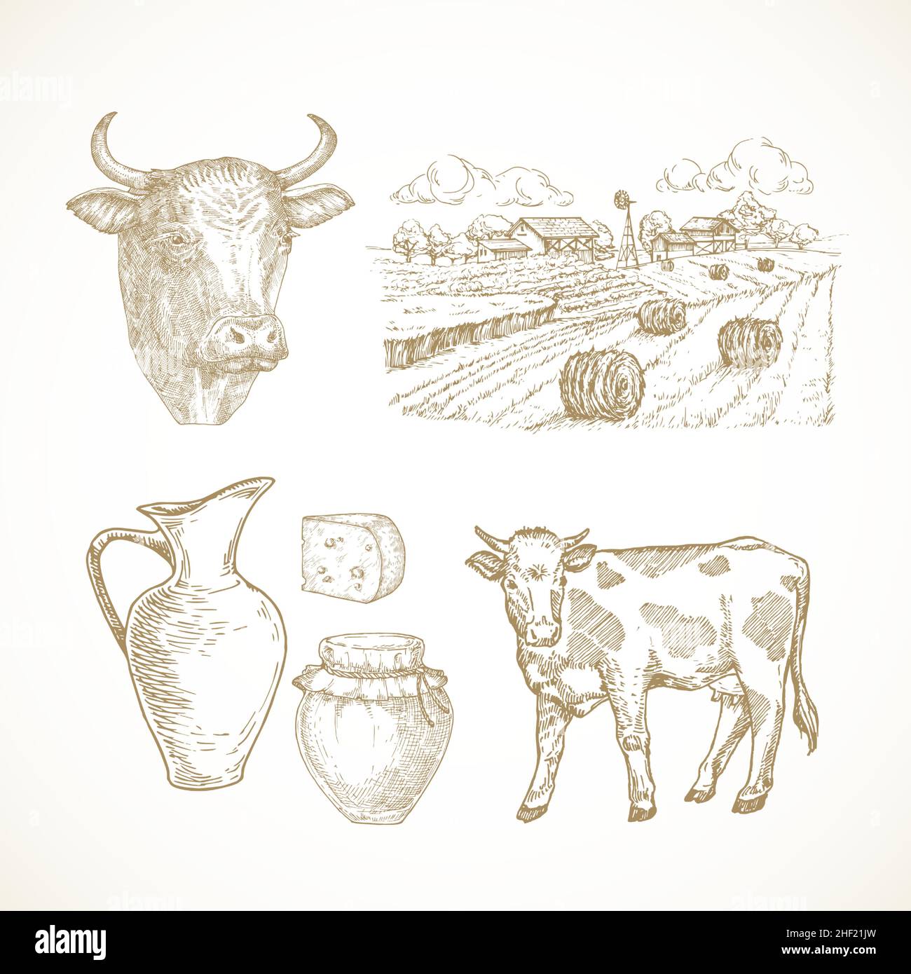 Kuhfarm Produkte und Objekte. Rinder, Milch, Hüttenkäse und rustikale Landschaft handgezeichnete Vektor-Illustrationen-Set. Sketch Bundle Für Haustiere Stock Vektor
