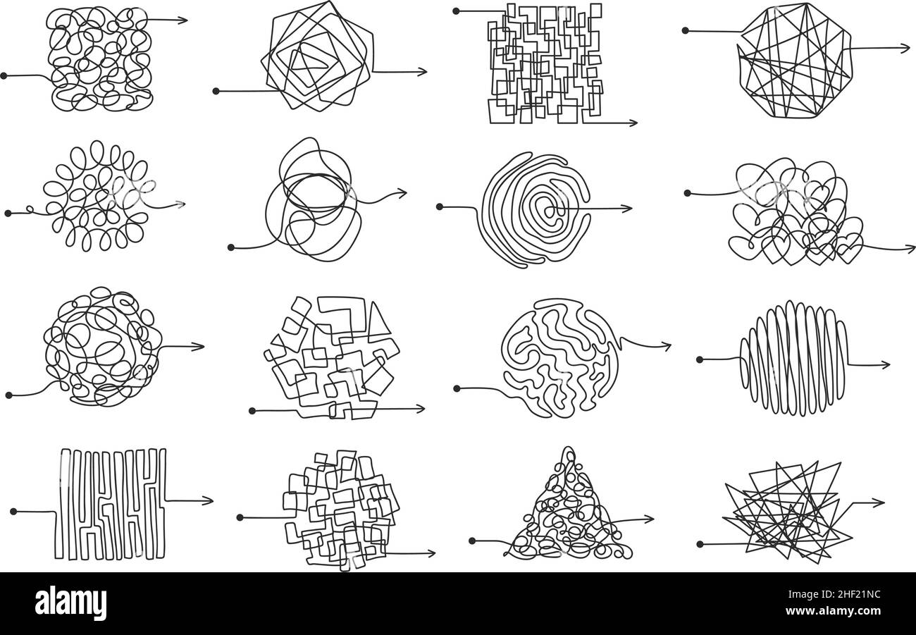 Unordentliche Scribble-Pfeillinien, chaotisch verworrene Kritzeleien. Handgezeichnete Rechtecke, Chaos-Gestrüpfe, Skizzenknoten-Pfeile Verwirrung Konzept-Vektor-Set. Schwierige Routen oder geschwungene Wege in quadratischer und runder Form Stock Vektor
