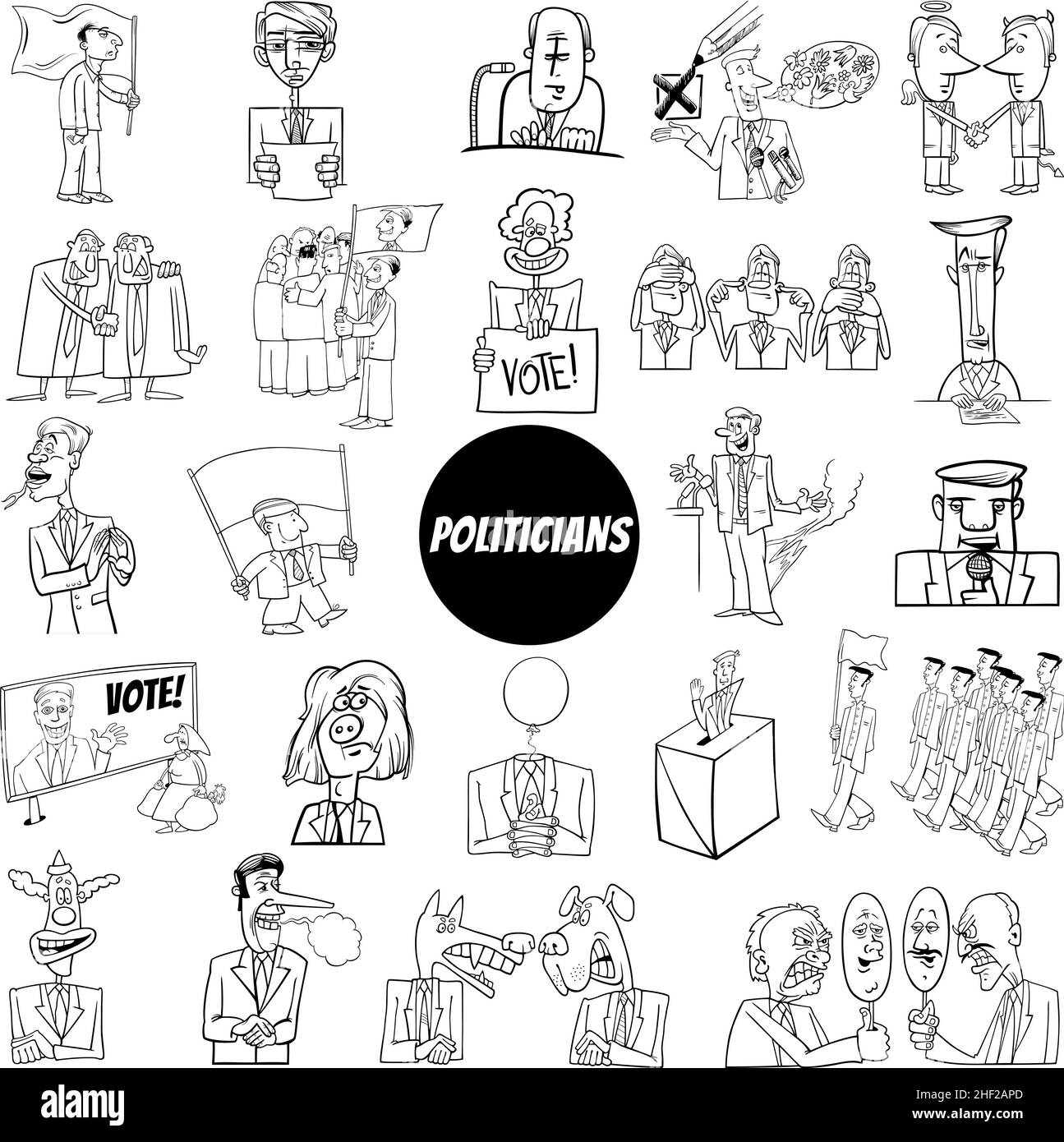 Schwarz-Weiß-Illustration von Politikern Charaktere und konzeptionelle Cartoons setzen Malseite Stock Vektor