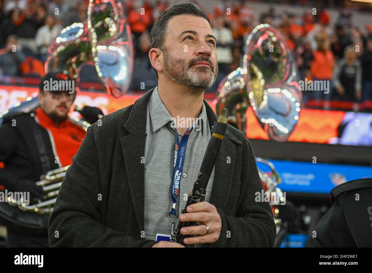 Der amerikanische Fernsehmoderator Jimmy Kimmel während des LA Bowl-Spiels, Samstag, 18. Dezember 2021, in Los Angeles. Die Utah State Aggies besiegten Oregon State Be Stockfoto