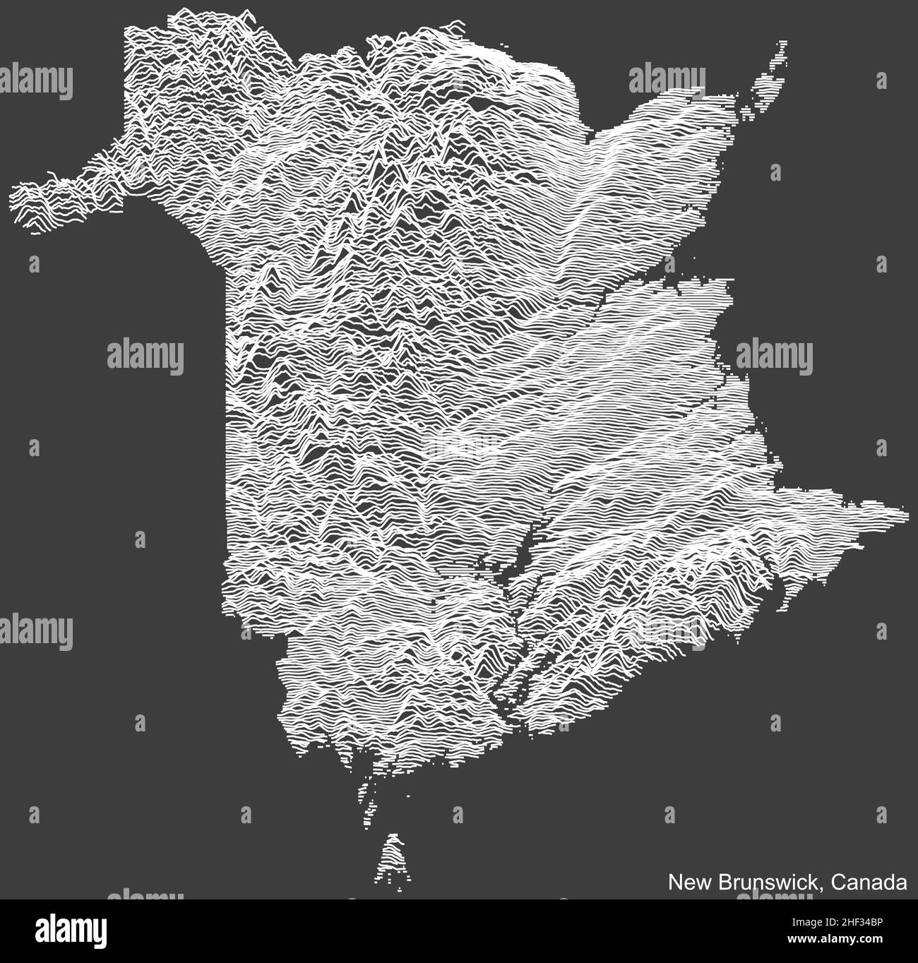 Topographische negative Reliefkarte des kanadischen Territoriums von NEW BRUNSWICK, KANADA mit weißen Konturlinien auf dunkelgrauem Hintergrund Stock Vektor