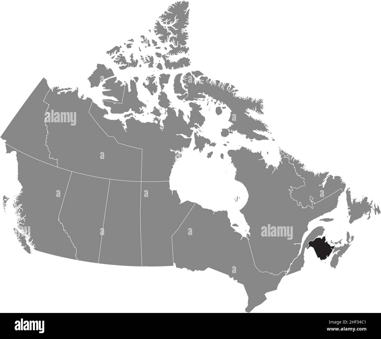 Schwarz flach leer hervorgehoben Locator administrative Karte des kanadischen Territoriums von NEW BRUNSWICK innen grau flache Karte von KANADA Stock Vektor