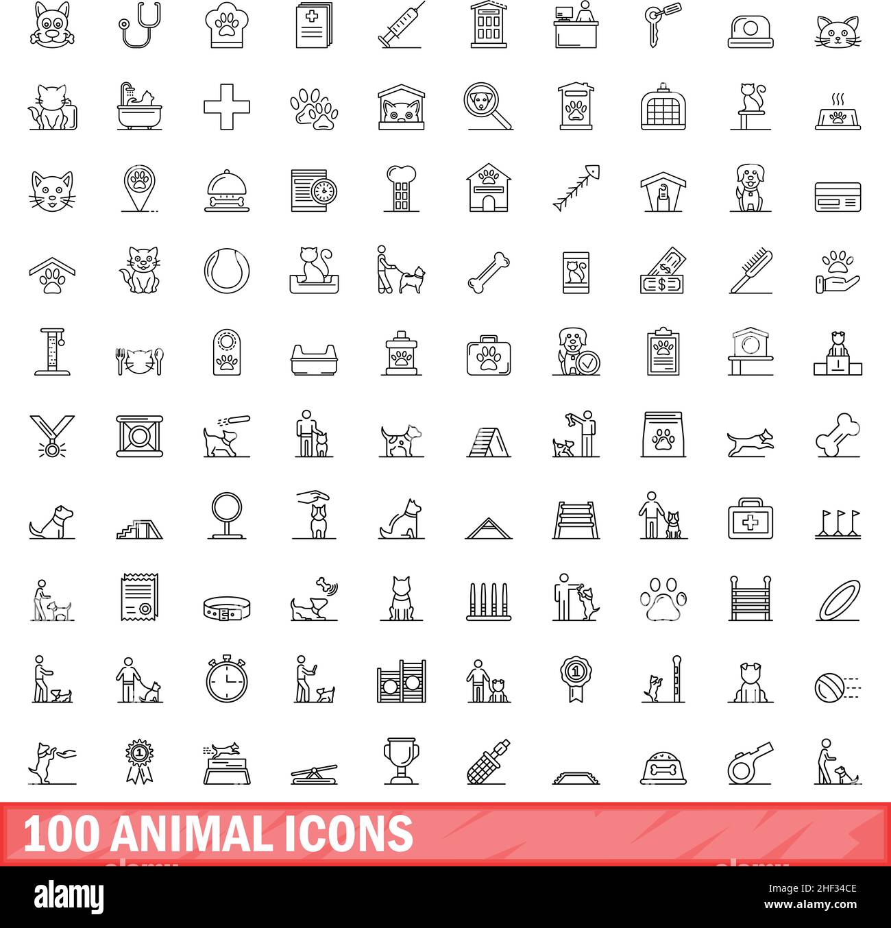 100 Tier-Icons gesetzt. Umreißen Abbildung von 100 Tier-Symbole Vektor ...