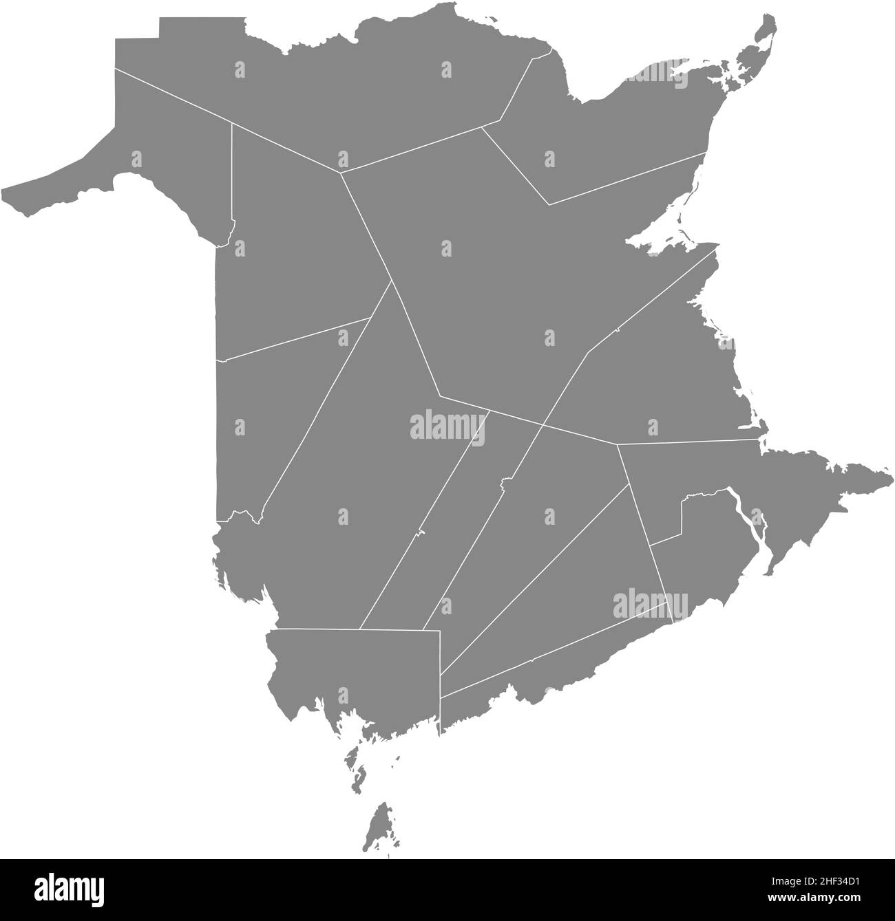 Graue flache leere Vektor-Verwaltungskarte der Grafschaften des kanadischen Territoriums von NEW BRUNSWICK, KANADA mit weißen Grenzlinien seiner Grafschaften Stock Vektor