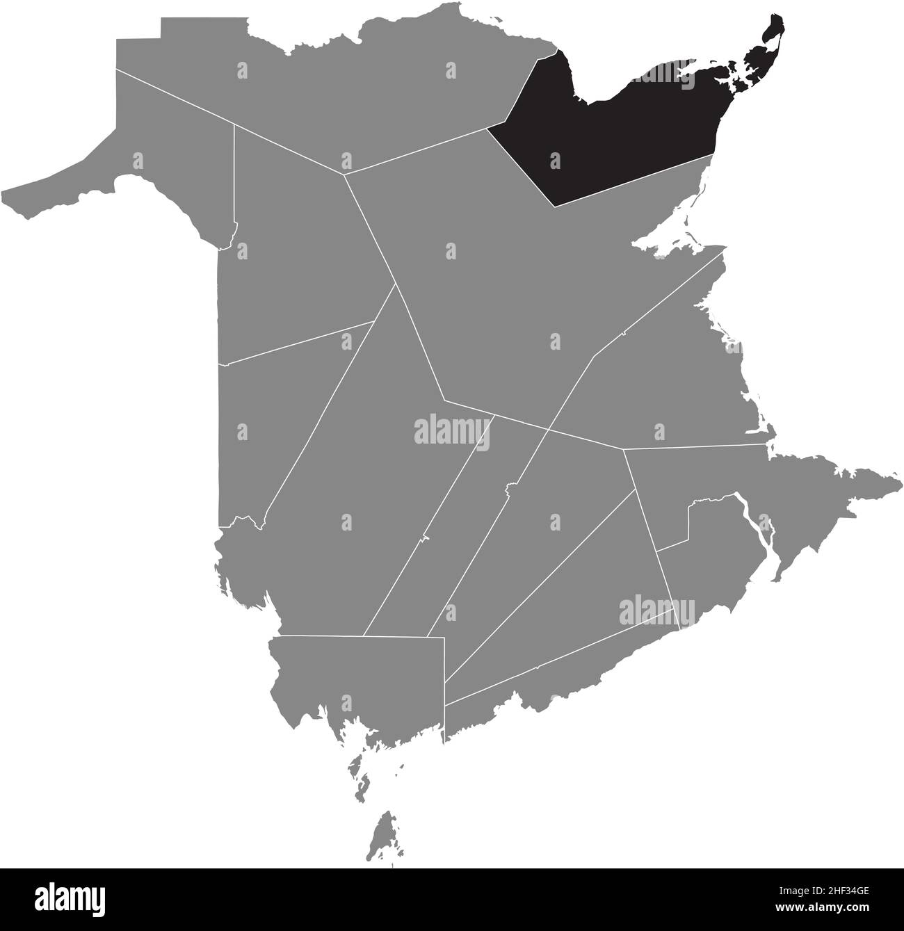 Schwarz flach leer markiert Lageplan des GLOUCESTER COUNTY innerhalb grauer Verwaltungskarte der Grafschaften des kanadischen Territoriums von New Brunswick, Stock Vektor
