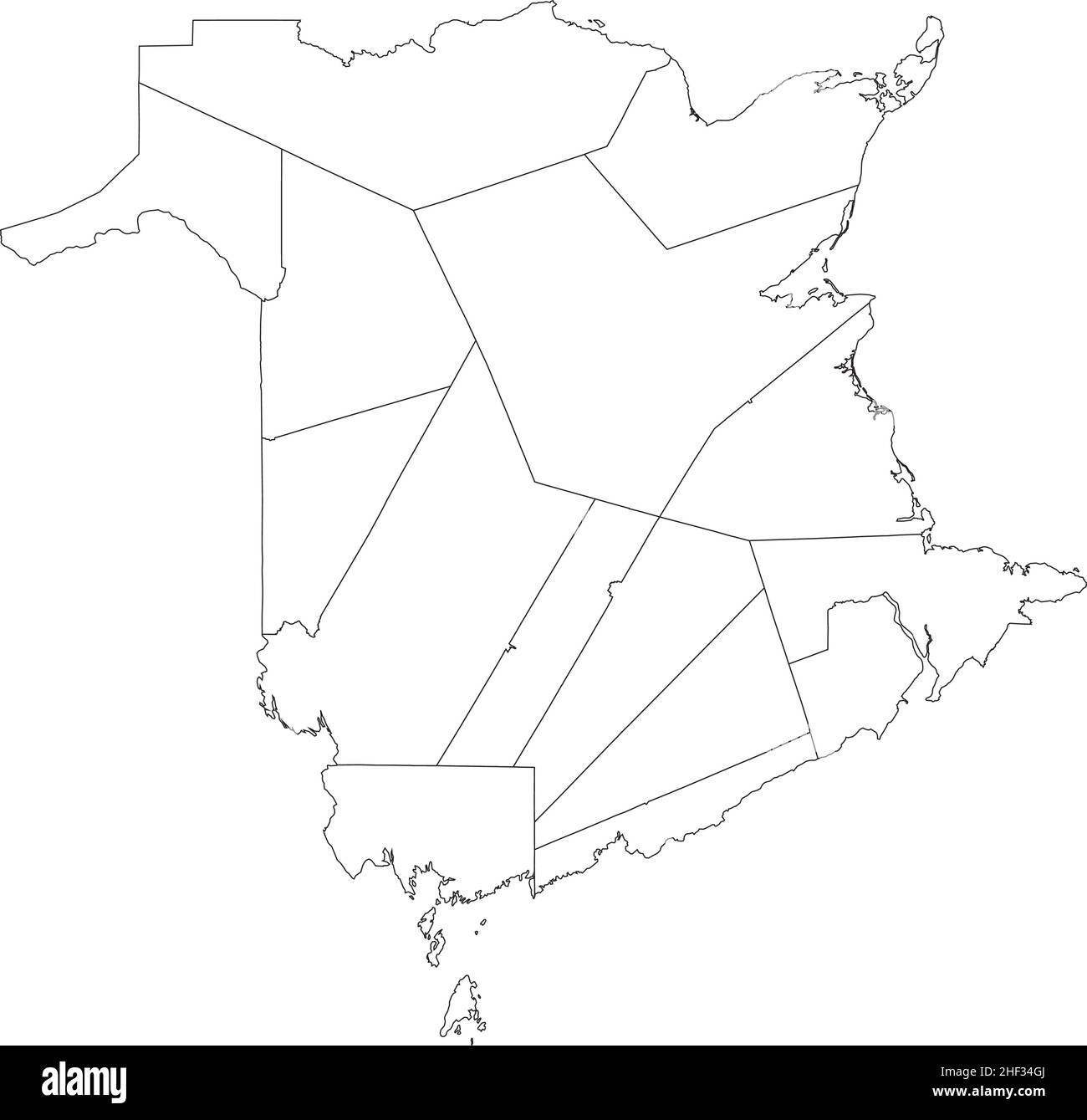 Weiße flache leere Vektor-Verwaltungskarte der Grafschaften des kanadischen Territoriums von NEW BRUNSWICK, KANADA mit schwarzen Grenzlinien seiner Grafschaften Stock Vektor