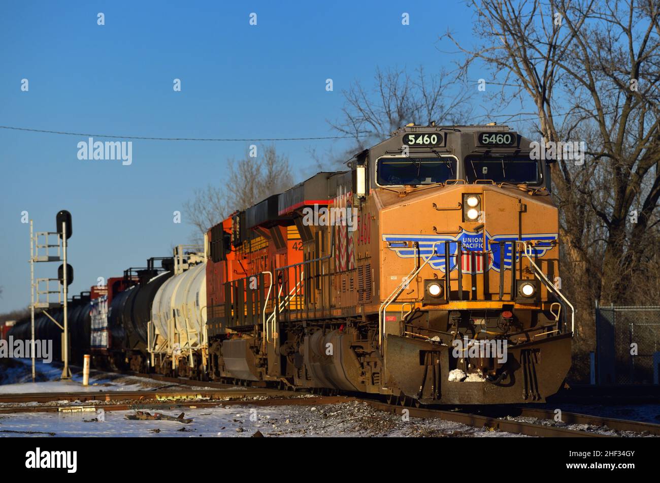 Elgin, Illinois, USA. Ein Durchlauf durch Union Pacific Railroad Lokomotive führt einen Canadian National Railway Manifest Güterzug. Stockfoto