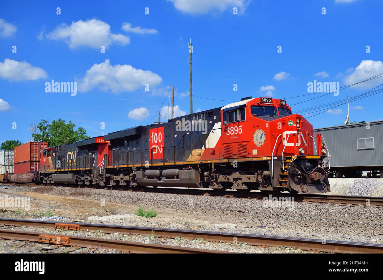 Bartlett, Illinois, USA. Ein Paar Canadian National Railway-Lokomotiven führt einen intermodalen Güterzug durch Spaulding Junction. Stockfoto
