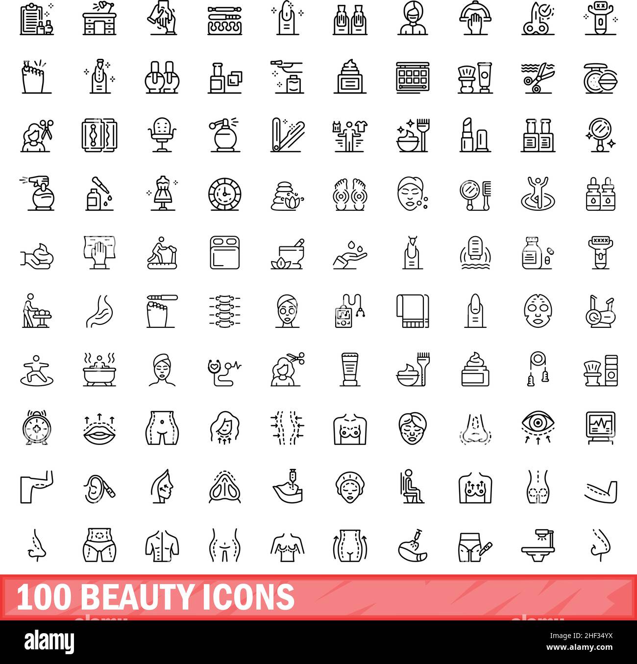 100 Beauty-Ikonen-Set. Skizzieren Sie die Darstellung von 100 Vektorbildern für Schönheit, die isoliert auf weißem Hintergrund gesetzt wurden Stock Vektor
