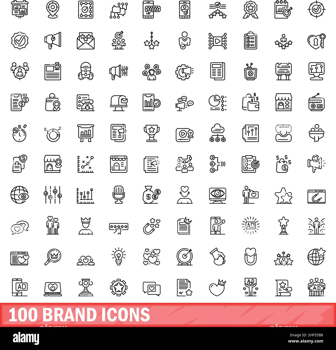 100 Markensymbole eingestellt. Skizzieren Sie die Darstellung von 100 Markensymbolen, die auf weißem Hintergrund isoliert sind Stock Vektor